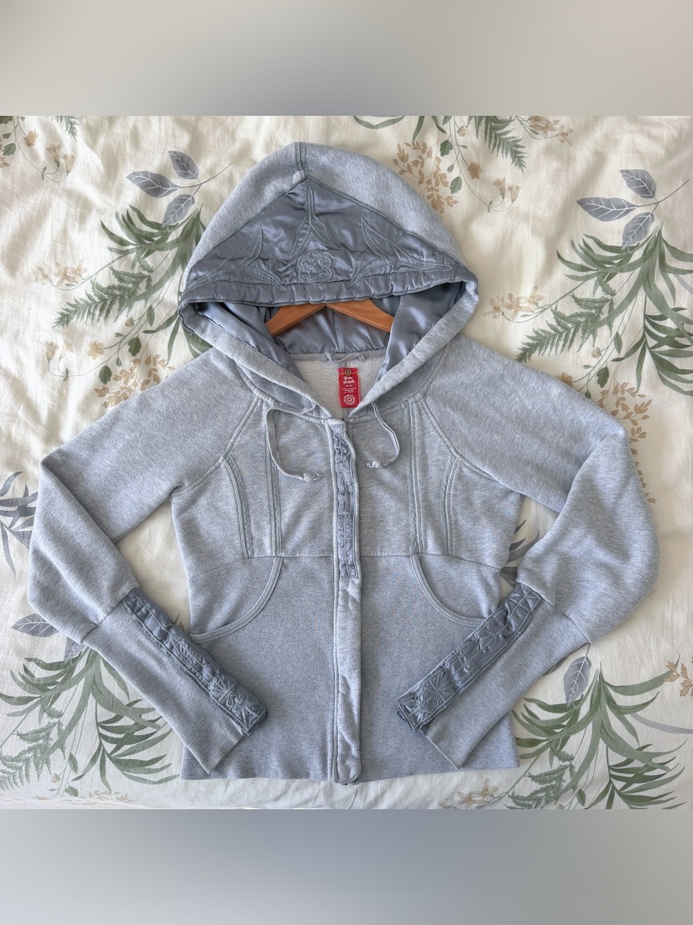 Free People Light Gray Hooded Zip-Up Sweatshirt